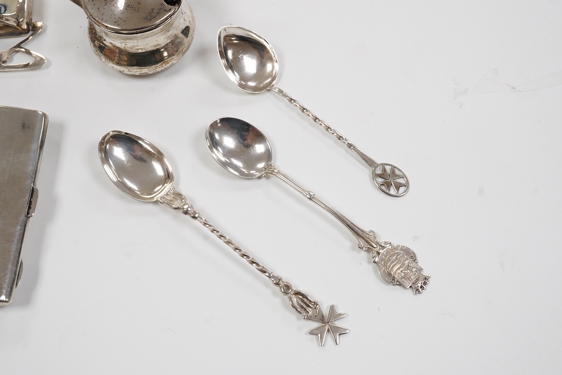 An early Victorian engraved silver plate, of cusped form, by Riley & Storer, London, 1844, with later engraved inscription, 17.5cm, together with two later silver cigarette cases, three silver condiments, a late Victoria